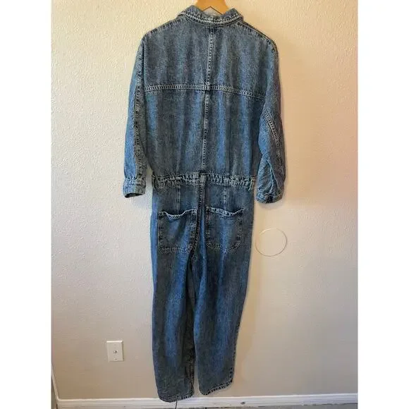 Free People We The Free Western Denim Zip Up Long Sleeve Straight Leg Jumpsuit M - Picture 2 of 15